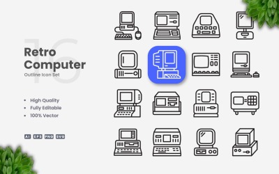 16 Retro Computer Outline Icon Set