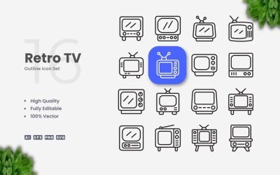 16 Retro TV Outline Ikonuppsättning