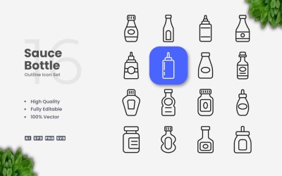 Conjunto de ícones de contorno de 16 garrafas de molho