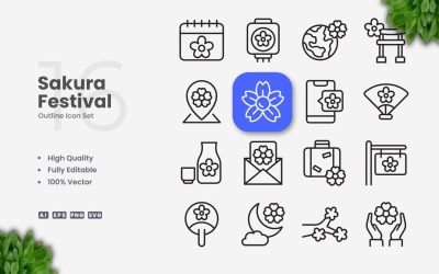 16 Sakura Festival Outline Icon Set