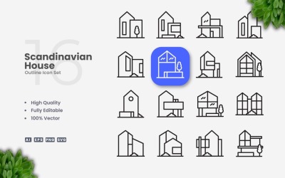 16 Scandinavische huis omtrek icoon set