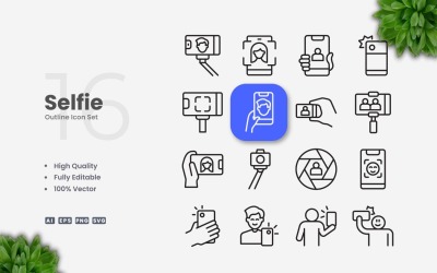 16 Selfie-omtrekpictogramset