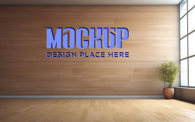 Light blue logo mockup on wooden wall indoor psd