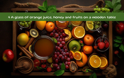 A glass of orange juice, honey and fruits on a wooden table