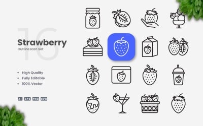 16 Strawberry Outline Icon Set