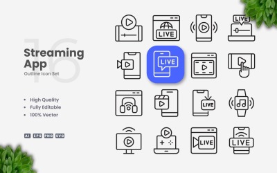 16 Streaming-app-omtrekpictogramset