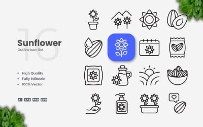 16 Sunflower Outline Icon Set