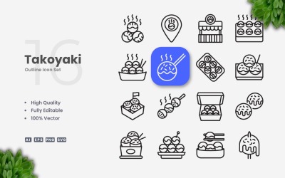 16 Takoyaki Outline Ikonuppsättning