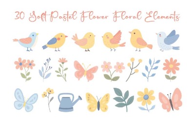 30 Soft Pastel Flower Floral Elements