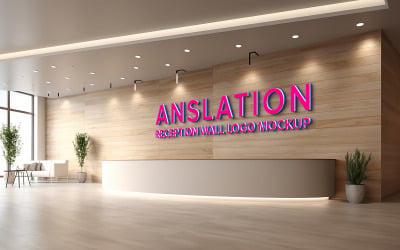 Wall logo mockup psd in the office receptionist front desk