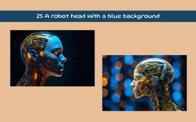A robot head with a blue background