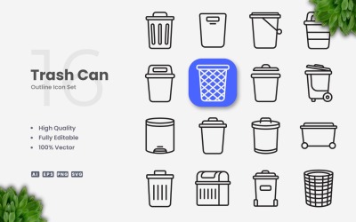Conjunto de 16 iconos de contorno de bote de basura