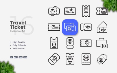 16 Resebiljett kontur Ikonuppsättning