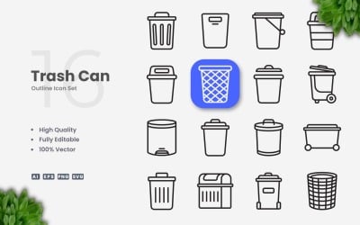 16 Trash Can Outline Icon Set