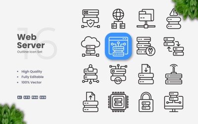 Conjunto de 16 ícones de contorno do servidor web