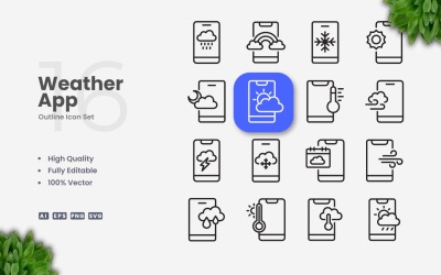 Conjunto de 16 iconos de contorno de la aplicación meteorológica