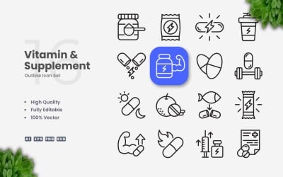 Conjunto de ícones de contorno de 16 vitaminas e suplementos