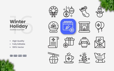 Ensemble de 16 icônes de contour de vacances d&amp;#39;hiver