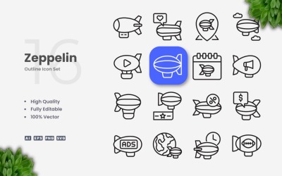 16 Zeppelin körvonal ikonkészlet