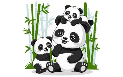 En vektorillustration av pandafamiljen i en bambu