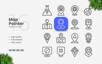 Conjunto de 16 ícones de contorno de ponteiro de mapa