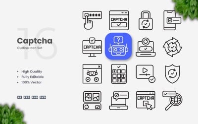 Ensemble d&amp;#39;icônes de contour de 16 Captcha