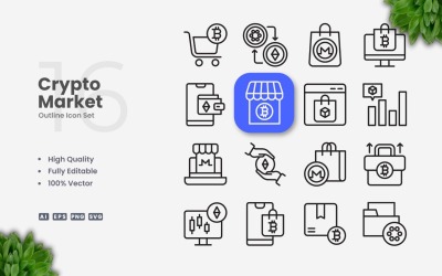 Ensemble de 16 icônes de contour du marché des crypto-monnaies
