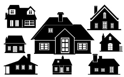 Hand drawn house silhouette And City Buildings Icons set