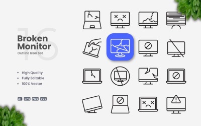 16 Broken Monitor Outline Icon Set