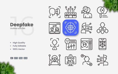 16 Deepfake Outline Icon Set