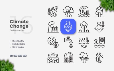 16 Zestaw ikon zarysu zmian klimatycznych