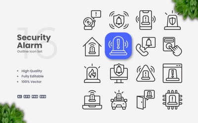 Conjunto de 16 iconos de contorno de alarma de seguridad