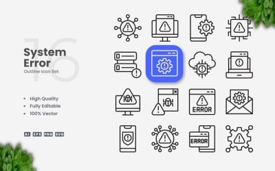 16 System Error Outline Icon Set