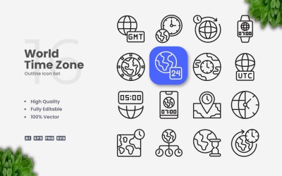 16 World Time Zone Outline Ikonuppsättning