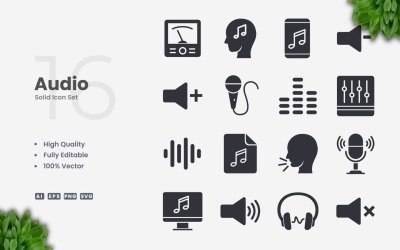 Coleção de 16 ícones de áudio sólido