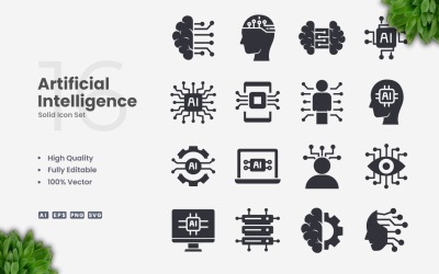 Conjunto de 16 iconos sólidos de inteligencia artificial