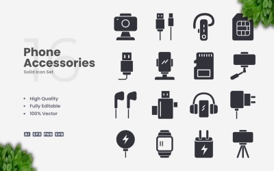 Conjunto de ícones sólidos de 16 acessórios para telefone