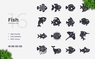 16 Collezione di icone solide di pesce
