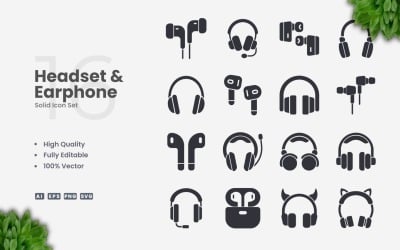 16 Headset and Earphone Solid Icon Set