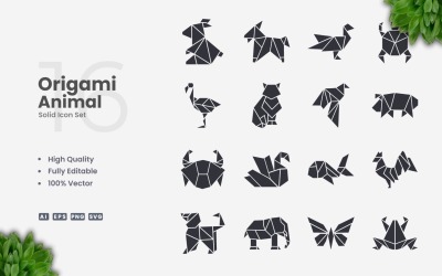 16 Origami Animal Solid Icon Set