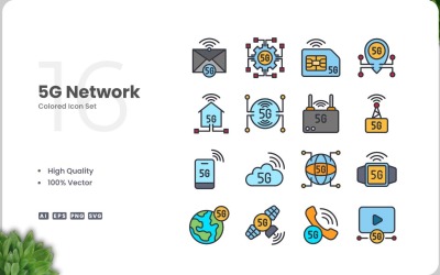 Conjunto de 16 ícones coloridos de rede 5G