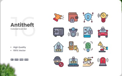 Conjunto de 16 ícones coloridos antirroubo