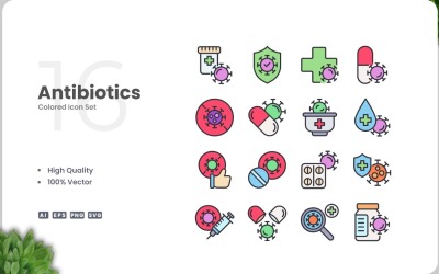 Ensemble d&amp;#39;icônes de 16 couleurs d&amp;#39;antibiotiques
