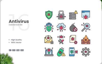 Ensemble de 16 icônes de couleurs antivirus