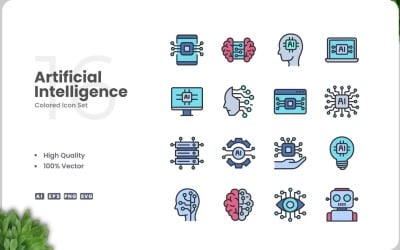 16 Artificial Intelligence Color Icon Set