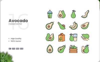 16 Avocado Färg Ikonuppsättning