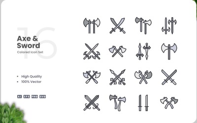 16 Axes and Sword Color Icon Set