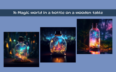 Magic world in a bottle on a wooden table
