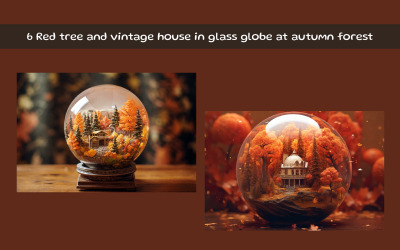 Red tree and vintage house in glass globe at autumn forest