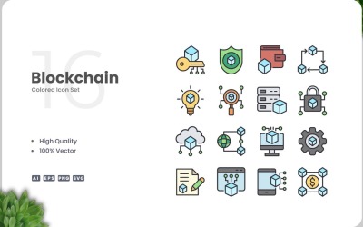 Conjunto de 16 iconos de colores de blockchain